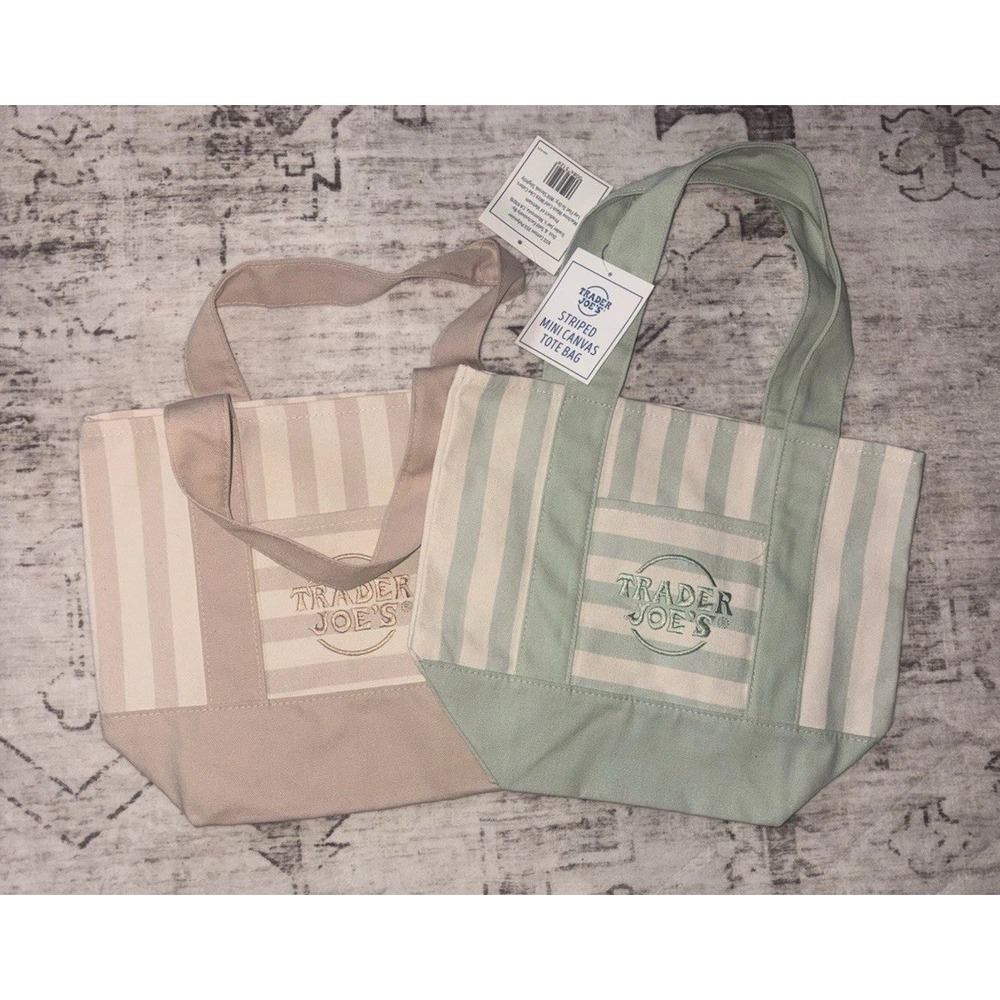 NWT Trader Joe's Mini Striped Pastel Tote Bags Lot Of 2 Beige Green